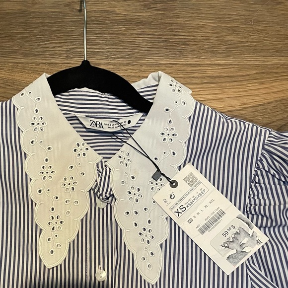 Zara striped shirt eyelet embroidered collar - Picture 4 of 5